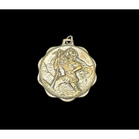 Vintage Saint Christopher Brass Religious Medal Floral Round Shield Germany - Picture 6 of 6